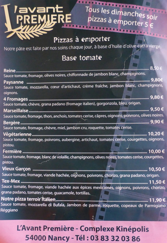 carte des pizzas de l'avant première nancy pizzas 5€ dimanche soir
