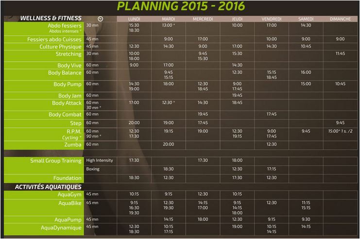 planning des cours du welle & fit sports laxou nancy 2015 2016