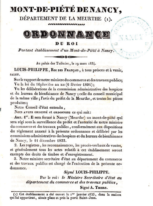 mo,t de piété nancy prdonnace du 19 mars 1834
