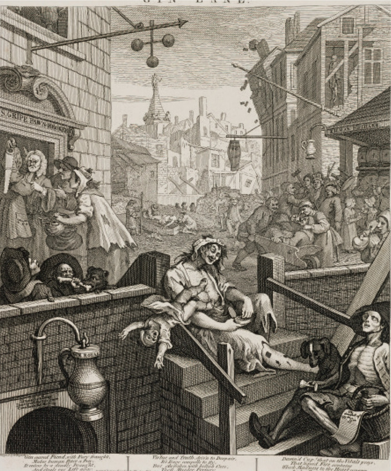 William Hogarth (38.5 cm x 32 cm, gravure et dessin). Cette gravure illustre bien l’idée que l’usure privée se nourrit de la pauvreté.